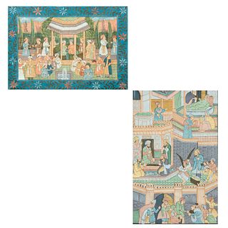 Lote de 2 tapices. Escenas palaciegas. India. Siglo XX. Técnica mixta sobre tela. Enmarcados. 49 x 36 cm y 33 x 36 cm.