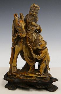 FINE CHINESE YELLOW & RED SOAPSTONE WISEMAN GROUP
