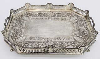 CHASED SILVERPLATE HANDLED FOOTED SERVING PLATTER