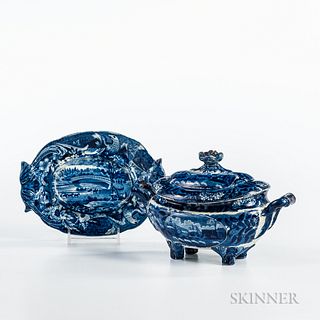 Small Staffordshire Historical Blue Transfer-decorated Tureen, Lid, and Undertray