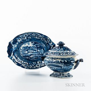 Small Staffordshire Historical Blue Transfer-decorated "Upper Ferry Bridge over the River Schuylkill" Tureen, Lid, and Undertray