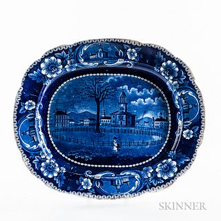 Large Staffordshire Historical Blue Transfer-decorated "Winter View of Pittsfield, Mass." Platter