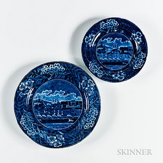 Two Staffordshire Historical Blue Transfer-decorated "Landing of Lafayette" Plates