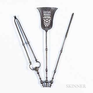 Engraved Steel Fireplace Shovel, Tongs, and Poker