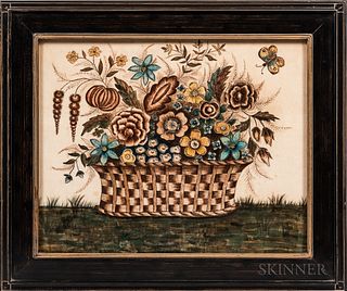 Watercolor on Velvet Theorem with a Basket of Fruit and Butterfly