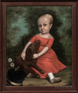 American School, 19th Century      Portrait of a Child in a Red Dress with a Dog