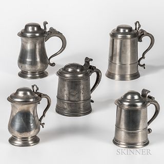 Five Early Pewter Tankards