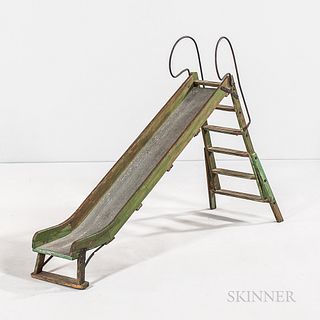 Green-painted Wood and Metal Folding Model of a Playground Slide