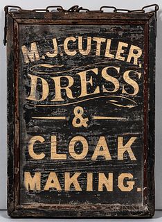 Two-sided "M.J. Cutler Dress & Cloak Making" Trade Sign