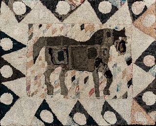 Hooked Rug Depicting a Horse in a Diamond and Dot Border
