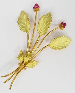 LARGE ANTIQUE LEAF BROOCH WITH RUBIES