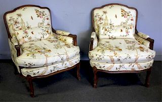 Pair of Upholstered Louis XV Style Arm Chairs.