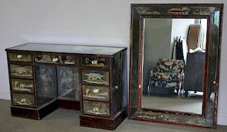 Mirrored and Chinoiserie Decorated Desk and Mirror