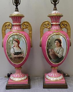 Pair of Impressive Pink Ground Paint Decorated Urn