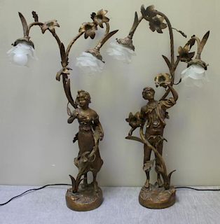 Pair of Bronze Art Nouveau Figural Lamps.