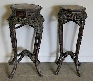 Two Highly Carved Hardwood Octagonal Marble