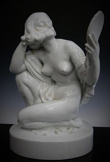 HUGE HEREND FIGURINE OF THE NUDE WITH MIRROR