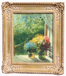 Wang, Signed Painting of Flowers on Window Sill