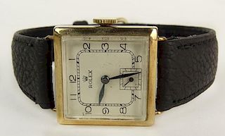 Rolex Art Deco Yellow Gold Square Manual Movement Watch with Leather Strap