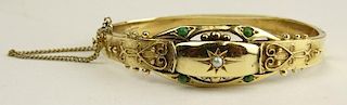 Lady's Vintage 14 Karat Yellow Gold Bangle Bracelet with Small Inset Seed pearls and Jade Beads