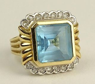 Lady's Vintage Square Cut Aquamarine, Single Cut Diamond and 18 Karat Gold Ring
