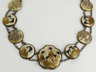 Antique Japanese Satsuma Porcelain Medallion Necklace