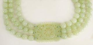 Chinese Three Strand Celadon Jade Bead Necklace