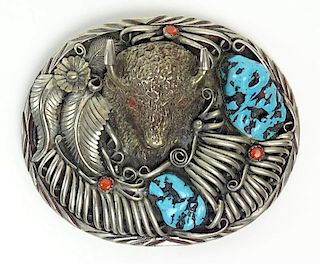 Vintage Native American Indian Large and Heavy Sterling Silver, Turquoise and Coral Belt Buckle