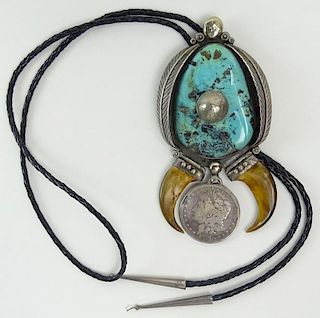 Vintage Old Pawn Sterling Silver, 1879 Liberty Head Silver Dollar, 1935 Indian Head Nickel, Turquoise and Bear Claw Bolo Pendant