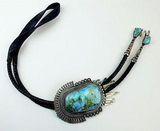 Vintage Old Pawn Sterling Silver and Large Turquoise Bolo