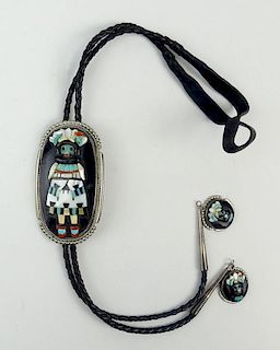 Vintage Old Pawn Zuni Sterling Silver Carved Coral, Turquoise and Mother of Pearl Mosaic Inlay on Jet Bolo
