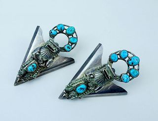Vintage Pair of Sterling Silver and Turquoise Collar Tips