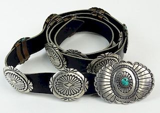 Vintage Native American Indian Sterling Silver, Turquoise, Copper and Leather Conch Belt
