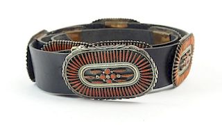 Vintage Native American Indian Sterling Silver, Coral, Copper and Leather Conch Belt