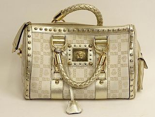 Versace Fabric and White Gold Leather Handbag with Gold Tone Metal Hardware