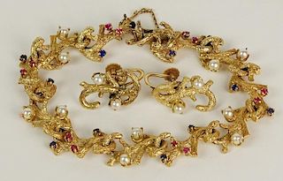Vintage 14 Karat Yellow Gold Bracelet and Earring Suite with Seed Pearl, Ruby and Sapphire Accents