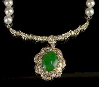 Ladies Approx. 3.5 Carat Round Brilliant Cut Diamond, Green Jade, Forty Four 6.7mm White Pearl and 14 Karat Yellow Gold Pendant Necklace