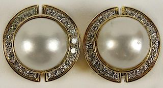 Pair of Lady's Vintage Mabe Pearl, Round Cut Diamond and 18 Karat Yellow Gold Ear Clips