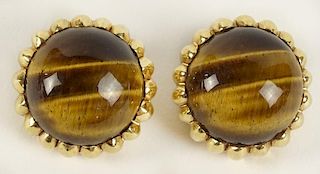 Pair of Lady's Vintage 14 Karat Yellow Gold and Cabochon Tiger's Eye Earrings