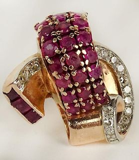 Lady's Retro Ruby, Diamond and 14 Karat Rose Gold Ring