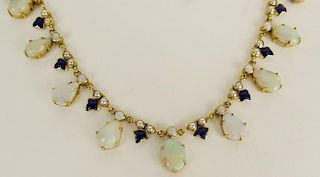 Lady's Vintage White Opal, Enamel, Seed Pearl and 18 Karat Yellow Gold Necklace