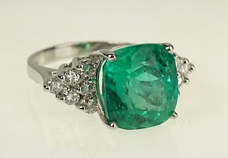 Lady's Approx. 6.90 Carat Cushion Cut Emerald .75 Carat Diamond and Platinum Ring