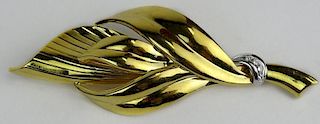 Lady's Vintage 18 Karat Yellow Gold Leaf Brooch with Small accent Diamonds