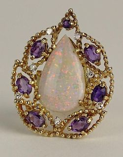 Vintage Pear Shape White Opal and 14 Karat Yellow Gold Ring/Pendant with Oval Cut Amethyst and Round Cut Diamond Accents