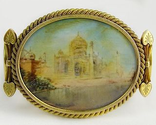 Antique 18 Karat Yellow Gold Bracelet with Inset Miniature Paintings on Shell of Indian Palaces