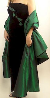 Retro Bob Mackie Strapless Black Velvet and Emerald Green Silk Evening Dress With Matching Shawl