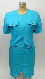 From a Palm Beach Socialite, A Retro/Vintage Valentino 2 Piece Turquoise Linen Dress and Jacket Set
