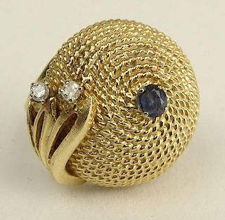Lady's Vintage 14 Karat Yellow Gold Dome Ring with Small Accent Sapphire and Diamonds
