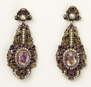 Pair of Victorian Amethyst, Seed Pearl and Silver Earrings