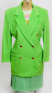 From a Palm Beach Socialite, an Escada Bright Apple Green Wool Double Breasted Blazer, Light Wool Skirt and Printed Silk Shell